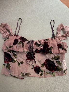 House of CB Dusty Rose Floral Velvet-Trim Cami Top